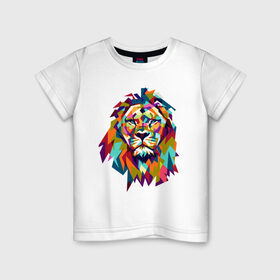 Детская футболка хлопок с принтом Lion в Санкт-Петербурге, 100% хлопок | круглый вырез горловины, полуприлегающий силуэт, длина до линии бедер | Тематика изображения на принте: cat | geometry | leo | lion | polygonal | wild | геометрия | дикий | животное | кот | лев | хищник | яркий