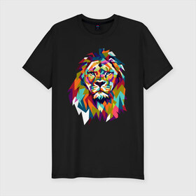 Мужская футболка премиум с принтом Lion в Санкт-Петербурге, 92% хлопок, 8% лайкра | приталенный силуэт, круглый вырез ворота, длина до линии бедра, короткий рукав | cat | geometry | leo | lion | polygonal | wild | геометрия | дикий | животное | кот | лев | хищник | яркий