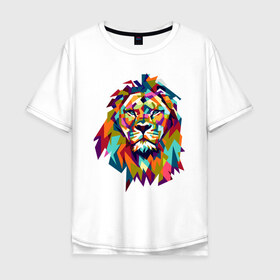 Мужская футболка хлопок Oversize с принтом Lion в Санкт-Петербурге, 100% хлопок | свободный крой, круглый ворот, “спинка” длиннее передней части | Тематика изображения на принте: cat | geometry | leo | lion | polygonal | wild | геометрия | дикий | животное | кот | лев | хищник | яркий