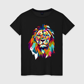 Женская футболка хлопок с принтом Lion в Санкт-Петербурге, 100% хлопок | прямой крой, круглый вырез горловины, длина до линии бедер, слегка спущенное плечо | cat | geometry | leo | lion | polygonal | wild | геометрия | дикий | животное | кот | лев | хищник | яркий