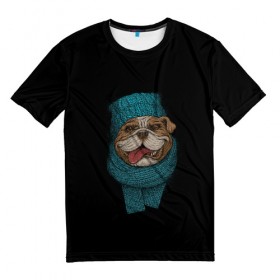 Мужская футболка 3D с принтом Бульдог в Санкт-Петербурге, 100% полиэфир | прямой крой, круглый вырез горловины, длина до линии бедер | арт | бульдог | вязанный | зима | зимняя одежда | иллюстрация | пес | песик | псина | собака | шарф