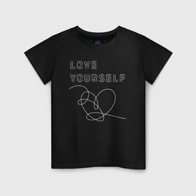 Детская футболка хлопок с принтом BTS LOVE YOURSELF в Санкт-Петербурге, 100% хлопок | круглый вырез горловины, полуприлегающий силуэт, длина до линии бедер | Тематика изображения на принте: bangtan boys | bt21 | bts | bts army | bts stickers | j hope | jimin | jin | jungkook | k pop | rap monster | rapmon | suga | v | бтс | корея | стикеры bts