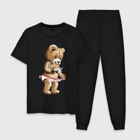 Мужская пижама хлопок с принтом Nasty bear в Санкт-Петербурге, 100% хлопок | брюки и футболка прямого кроя, без карманов, на брюках мягкая резинка на поясе и по низу штанин
 | медведь | мишка | плюшевый | селфи | тедди