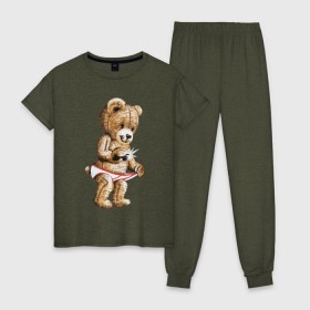 Женская пижама хлопок с принтом Nasty bear в Санкт-Петербурге, 100% хлопок | брюки и футболка прямого кроя, без карманов, на брюках мягкая резинка на поясе и по низу штанин | медведь | мишка | плюшевый | селфи | тедди