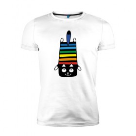 Мужская футболка премиум с принтом Rainbow cat в Санкт-Петербурге, 92% хлопок, 8% лайкра | приталенный силуэт, круглый вырез ворота, длина до линии бедра, короткий рукав | Тематика изображения на принте: black | cat | cool | creative | dark | design | halloween | hype | kitten | rainbow | vanguard | авангард | дизайн | кот | котенок | кошка | креатив | круто | радуга | темный | хайп | хэллоуин | черный