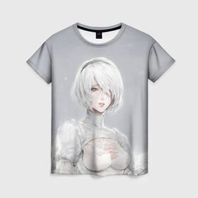 Женская футболка 3D с принтом YoRHa в Санкт-Петербурге, 100% полиэфир ( синтетическое хлопкоподобное полотно) | прямой крой, круглый вырез горловины, длина до линии бедер | 2b | 9s | automata | game | nier | yorha | игра | ниа | нир | отомата