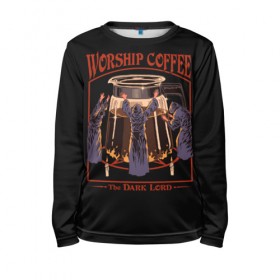 Детский лонгслив 3D с принтом Worship Coffee в Санкт-Петербурге, 100% полиэстер | длинные рукава, круглый вырез горловины, полуприлегающий силуэт
 | 80 е | 80s | 90 е | 90s | oldschool | retro | retrowave | stranger thing | vintage | винтаж | олдскул | ретро | ретровейв | странные дела