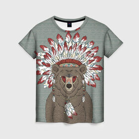 Женская футболка 3D с принтом Медведь индеец в Санкт-Петербурге, 100% полиэфир ( синтетическое хлопкоподобное полотно) | прямой крой, круглый вырез горловины, длина до линии бедер | animal | bear | braids | feathers | in | взгляд | голова | графика | дикий | животное | индеец | ирокез | картинка | косы | красивый | крутой | лучший | медведь | мода | модный | молодёжная | орнамент | перья | природа