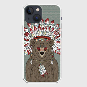 Чехол для iPhone 13 mini с принтом Медведь индеец в Санкт-Петербурге,  |  | animal | bear | braids | feathers | in | взгляд | голова | графика | дикий | животное | индеец | ирокез | картинка | косы | красивый | крутой | лучший | медведь | мода | модный | молодёжная | орнамент | перья | природа