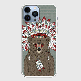 Чехол для iPhone 13 Pro Max с принтом Медведь индеец в Санкт-Петербурге,  |  | Тематика изображения на принте: animal | bear | braids | feathers | in | взгляд | голова | графика | дикий | животное | индеец | ирокез | картинка | косы | красивый | крутой | лучший | медведь | мода | модный | молодёжная | орнамент | перья | природа