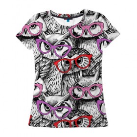 Женская футболка 3D с принтом Совы в Санкт-Петербурге, 100% полиэфир ( синтетическое хлопкоподобное полотно) | прямой крой, круглый вырез горловины, длина до линии бедер | birds | li | night | owls | predators | red | белый | взгляд | горошек | графика | картинка | красивый | красный | крутой | лучший | мода | модный | молодёжная | ночные | очки | птицы | рисунок | розовый | сила | сиреневый