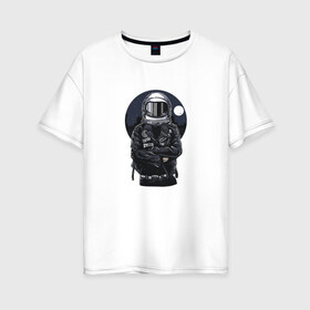 Женская футболка хлопок Oversize с принтом Biker Astronaut в Санкт-Петербурге, 100% хлопок | свободный крой, круглый ворот, спущенный рукав, длина до линии бедер
 | астронавт | байкер | вселенная | звезды | космонавт | космос | косуха | крутой | луна | наса | рок | шлем