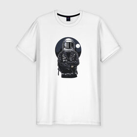 Мужская футболка премиум с принтом Biker Astronaut в Санкт-Петербурге, 92% хлопок, 8% лайкра | приталенный силуэт, круглый вырез ворота, длина до линии бедра, короткий рукав | Тематика изображения на принте: астронавт | байкер | вселенная | звезды | космонавт | космос | косуха | крутой | луна | наса | рок | шлем