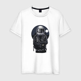 Мужская футболка хлопок с принтом Biker Astronaut в Санкт-Петербурге, 100% хлопок | прямой крой, круглый вырез горловины, длина до линии бедер, слегка спущенное плечо. | Тематика изображения на принте: астронавт | байкер | вселенная | звезды | космонавт | космос | косуха | крутой | луна | наса | рок | шлем