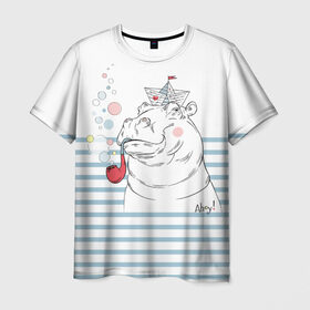 Мужская футболка 3D с принтом Бегемот моряк в Санкт-Петербурге, 100% полиэфир | прямой крой, круглый вырез горловины, длина до линии бедер | a | blush | bubbles | cap | deck | hippo | pipe | sailor | sea | ship | smokes | stripes | бегемот | графика | детский | искусство | картинка | корабль | крутой | лучший | мода | модный | молодёжная | море | моряк | палуба | пилотка | полосы