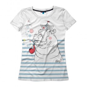 Женская футболка 3D с принтом Бегемот моряк в Санкт-Петербурге, 100% полиэфир ( синтетическое хлопкоподобное полотно) | прямой крой, круглый вырез горловины, длина до линии бедер | a | blush | bubbles | cap | deck | hippo | pipe | sailor | sea | ship | smokes | stripes | бегемот | графика | детский | искусство | картинка | корабль | крутой | лучший | мода | модный | молодёжная | море | моряк | палуба | пилотка | полосы