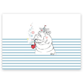 Поздравительная открытка с принтом Бегемот моряк в Санкт-Петербурге, 100% бумага | плотность бумаги 280 г/м2, матовая, на обратной стороне линовка и место для марки
 | a | blush | bubbles | cap | deck | hippo | pipe | sailor | sea | ship | smokes | stripes | бегемот | графика | детский | искусство | картинка | корабль | крутой | лучший | мода | модный | молодёжная | море | моряк | палуба | пилотка | полосы