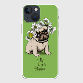 Чехол для iPhone 13 mini с принтом My little hippie в Санкт-Петербурге,  |  | breed | dog | hippie | kid | little | my | pug | puppy | wreath | венок | графика | зелёный | картинка | красивый | крутой | лучший | маленький | малыш | мода | модный | мой | молодёжная | мопс | порода | рисунок | ромашки | собака