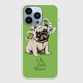 Чехол для iPhone 13 Pro с принтом My little hippie в Санкт-Петербурге,  |  | breed | dog | hippie | kid | little | my | pug | puppy | wreath | венок | графика | зелёный | картинка | красивый | крутой | лучший | маленький | малыш | мода | модный | мой | молодёжная | мопс | порода | рисунок | ромашки | собака