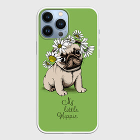 Чехол для iPhone 13 Pro Max с принтом My little hippie в Санкт-Петербурге,  |  | breed | dog | hippie | kid | little | my | pug | puppy | wreath | венок | графика | зелёный | картинка | красивый | крутой | лучший | маленький | малыш | мода | модный | мой | молодёжная | мопс | порода | рисунок | ромашки | собака