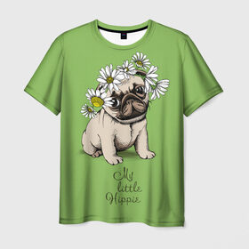 Мужская футболка 3D с принтом My little hippie в Санкт-Петербурге, 100% полиэфир | прямой крой, круглый вырез горловины, длина до линии бедер | breed | dog | hippie | kid | little | my | pug | puppy | wreath | венок | графика | зелёный | картинка | красивый | крутой | лучший | маленький | малыш | мода | модный | мой | молодёжная | мопс | порода | рисунок | ромашки | собака