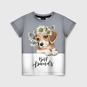 Детская футболка 3D с принтом Best friend в Санкт-Петербурге, 100% гипоаллергенный полиэфир | прямой крой, круглый вырез горловины, длина до линии бедер, чуть спущенное плечо, ткань немного тянется | backgroun | best | breed | daisies | dog | flowers | friend | green | kid | puppy | wreath | венок | графика | друг | зелёный | картинка | красивый | крутой | лучший | малыш | мода | модный | молодёжная | порода | рисунок | ромашки | собака