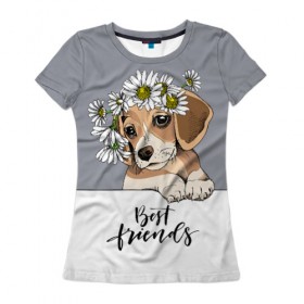 Женская футболка 3D с принтом Best friend в Санкт-Петербурге, 100% полиэфир ( синтетическое хлопкоподобное полотно) | прямой крой, круглый вырез горловины, длина до линии бедер | backgroun | best | breed | daisies | dog | flowers | friend | green | kid | puppy | wreath | венок | графика | друг | зелёный | картинка | красивый | крутой | лучший | малыш | мода | модный | молодёжная | порода | рисунок | ромашки | собака