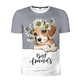 Мужская футболка 3D спортивная с принтом Best friend в Санкт-Петербурге, 100% полиэстер с улучшенными характеристиками | приталенный силуэт, круглая горловина, широкие плечи, сужается к линии бедра | backgroun | best | breed | daisies | dog | flowers | friend | green | kid | puppy | wreath | венок | графика | друг | зелёный | картинка | красивый | крутой | лучший | малыш | мода | модный | молодёжная | порода | рисунок | ромашки | собака