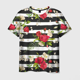 Мужская футболка 3D с принтом Розы и орхидеи в Санкт-Петербурге, 100% полиэфир | прямой крой, круглый вырез горловины, длина до линии бедер | flowers | orchi | roses | белый | букеты | графика | зелёный | искусство | картинка | красивый | красный | крутой | листья | мода | модный | молодёжная | орнамент | орхидеи | полосы | рисунок | розы | рукоделие