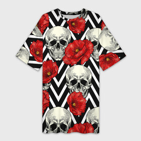 Платье-футболка 3D с принтом Черепа и розы в Санкт-Петербурге,  |  | взгляд | графика | день мертвых | знак | искусство | картинка | кость | красивый | крутой | мексика | мода | модный | молодёжная | орнамент | рисунок | розы | рукоделие | символ | скелет | стиль