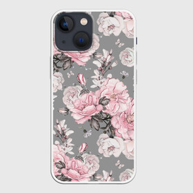 Чехол для iPhone 13 mini с принтом Розовые розы в Санкт-Петербурге,  |  | bouquets | color | gray | leave | lowers | ornament | patterns | pink | roses | букеты | графика | искусство | картинка | красивый | крутой | листья | мода | модный | молодёжная | орнамент | рисунок | розовые | розы | рукоделие | серый