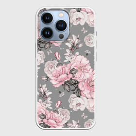 Чехол для iPhone 13 Pro с принтом Розовые розы в Санкт-Петербурге,  |  | bouquets | color | gray | leave | lowers | ornament | patterns | pink | roses | букеты | графика | искусство | картинка | красивый | крутой | листья | мода | модный | молодёжная | орнамент | рисунок | розовые | розы | рукоделие | серый