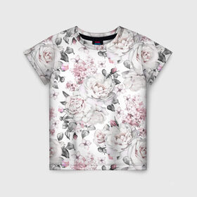Детская футболка 3D с принтом Белые розы в Санкт-Петербурге, 100% гипоаллергенный полиэфир | прямой крой, круглый вырез горловины, длина до линии бедер, чуть спущенное плечо, ткань немного тянется | bouquets | color | gray | leave | lowers | ornament | patterns | pink | roses | букеты | графика | искусство | картинка | красивый | крутой | листья | мода | модный | молодёжная | орнамент | рисунок | розовые | розы | рукоделие | серый