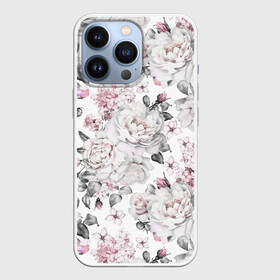 Чехол для iPhone 13 Pro с принтом Белые розы в Санкт-Петербурге,  |  | bouquets | color | gray | leave | lowers | ornament | patterns | pink | roses | букеты | графика | искусство | картинка | красивый | крутой | листья | мода | модный | молодёжная | орнамент | рисунок | розовые | розы | рукоделие | серый