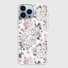 Чехол для iPhone 13 Pro Max с принтом Белые розы в Санкт-Петербурге,  |  | bouquets | color | gray | leave | lowers | ornament | patterns | pink | roses | букеты | графика | искусство | картинка | красивый | крутой | листья | мода | модный | молодёжная | орнамент | рисунок | розовые | розы | рукоделие | серый