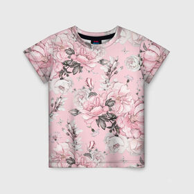 Детская футболка 3D с принтом Розовые розы в Санкт-Петербурге, 100% гипоаллергенный полиэфир | прямой крой, круглый вырез горловины, длина до линии бедер, чуть спущенное плечо, ткань немного тянется | bouquets | color | gray | leave | lowers | ornament | patterns | pink | roses | букеты | графика | искусство | картинка | красивый | крутой | листья | мода | модный | молодёжная | орнамент | рисунок | розовые | розы | рукоделие | серый