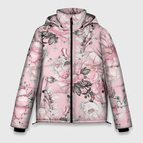 Мужская зимняя куртка 3D с принтом Розовые розы в Санкт-Петербурге, верх — 100% полиэстер; подкладка — 100% полиэстер; утеплитель — 100% полиэстер | длина ниже бедра, свободный силуэт Оверсайз. Есть воротник-стойка, отстегивающийся капюшон и ветрозащитная планка. 

Боковые карманы с листочкой на кнопках и внутренний карман на молнии. | Тематика изображения на принте: bouquets | color | gray | leave | lowers | ornament | patterns | pink | roses | букеты | графика | искусство | картинка | красивый | крутой | листья | мода | модный | молодёжная | орнамент | рисунок | розовые | розы | рукоделие | серый