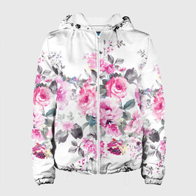 Женская куртка 3D с принтом Розовые розы в Санкт-Петербурге, ткань верха — 100% полиэстер, подклад — флис | прямой крой, подол и капюшон оформлены резинкой с фиксаторами, два кармана без застежек по бокам, один большой потайной карман на груди. Карман на груди застегивается на липучку | bouquets | color | gray | leave | lowers | ornament | patterns | pink | roses | букеты | графика | искусство | картинка | красивый | крутой | листья | мода | модный | молодёжная | орнамент | рисунок | розовые | розы | рукоделие | серый