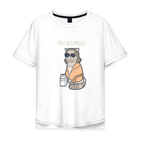 Мужская футболка хлопок Oversize с принтом Big Meowski в Санкт-Петербурге, 100% хлопок | свободный крой, круглый ворот, “спинка” длиннее передней части | Тематика изображения на принте: большой лебовски | боулинг | дюдя | кино | комедия | кот | котейка | котенок | котэ | кошка | молоко | хиппи | чувак | юмор