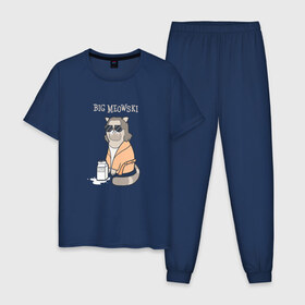 Мужская пижама хлопок с принтом Big Meowski в Санкт-Петербурге, 100% хлопок | брюки и футболка прямого кроя, без карманов, на брюках мягкая резинка на поясе и по низу штанин
 | Тематика изображения на принте: большой лебовски | боулинг | дюдя | кино | комедия | кот | котейка | котенок | котэ | кошка | молоко | хиппи | чувак | юмор