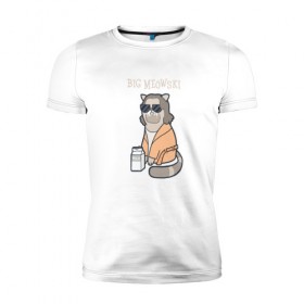 Мужская футболка премиум с принтом Big Meowski в Санкт-Петербурге, 92% хлопок, 8% лайкра | приталенный силуэт, круглый вырез ворота, длина до линии бедра, короткий рукав | большой лебовски | боулинг | дюдя | кино | комедия | кот | котейка | котенок | котэ | кошка | молоко | хиппи | чувак | юмор
