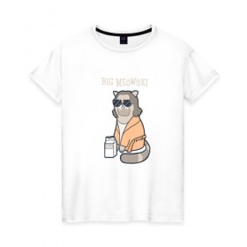 Женская футболка хлопок с принтом Big Meowski в Санкт-Петербурге, 100% хлопок | прямой крой, круглый вырез горловины, длина до линии бедер, слегка спущенное плечо | большой лебовски | боулинг | дюдя | кино | комедия | кот | котейка | котенок | котэ | кошка | молоко | хиппи | чувак | юмор