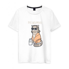 Мужская футболка хлопок с принтом Big Meowski в Санкт-Петербурге, 100% хлопок | прямой крой, круглый вырез горловины, длина до линии бедер, слегка спущенное плечо. | большой лебовски | боулинг | дюдя | кино | комедия | кот | котейка | котенок | котэ | кошка | молоко | хиппи | чувак | юмор