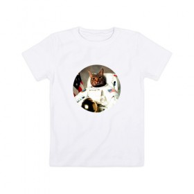 Детская футболка хлопок с принтом Cat Astronaut в Санкт-Петербурге, 100% хлопок | круглый вырез горловины, полуприлегающий силуэт, длина до линии бедер | 