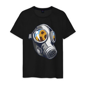 Мужская футболка хлопок с принтом Газовая Маска Подсолнухи в Санкт-Петербурге, 100% хлопок | прямой крой, круглый вырез горловины, длина до линии бедер, слегка спущенное плечо. | 