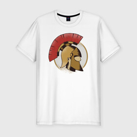 Мужская футболка хлопок Slim с принтом Спартанец в Санкт-Петербурге, 92% хлопок, 8% лайкра | приталенный силуэт, круглый вырез ворота, длина до линии бедра, короткий рукав | спарта | спартанец | спартанский шлем | спартанцы | шлем