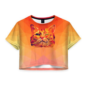 Женская футболка 3D укороченная с принтом Подмигивающий кот (Low Poly) в Санкт-Петербурге, 100% полиэстер | круглая горловина, длина футболки до линии талии, рукава с отворотами | cat | fox | kitty | low | lowpoly | poly | веселая | геометрия | грозовой кошак | желтая | кот | котейка | котофей | кошак | лиса | любителям кошек | низкополигональный | позитив | прикольная | рисунок | рыжая | узор