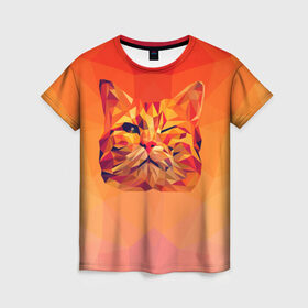 Женская футболка 3D с принтом Подмигивающий кот (Low Poly) в Санкт-Петербурге, 100% полиэфир ( синтетическое хлопкоподобное полотно) | прямой крой, круглый вырез горловины, длина до линии бедер | cat | fox | kitty | low | lowpoly | poly | веселая | геометрия | грозовой кошак | желтая | кот | котейка | котофей | кошак | лиса | любителям кошек | низкополигональный | позитив | прикольная | рисунок | рыжая | узор
