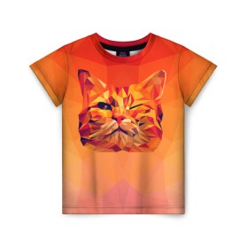 Детская футболка 3D с принтом Подмигивающий кот (Low Poly) в Санкт-Петербурге, 100% гипоаллергенный полиэфир | прямой крой, круглый вырез горловины, длина до линии бедер, чуть спущенное плечо, ткань немного тянется | cat | fox | kitty | low | lowpoly | poly | веселая | геометрия | грозовой кошак | желтая | кот | котейка | котофей | кошак | лиса | любителям кошек | низкополигональный | позитив | прикольная | рисунок | рыжая | узор