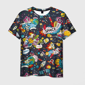 Мужская футболка 3D с принтом Космос  в Санкт-Петербурге, 100% полиэфир | прямой крой, круглый вырез горловины, длина до линии бедер | взрыв | графика | звезды | инопланетяне | искусство | картинка | комикс | космос | красивый | крутой | летают | луна | молния | мультфильм | небо | облака | персонажи | планеты | радуга | ракеты